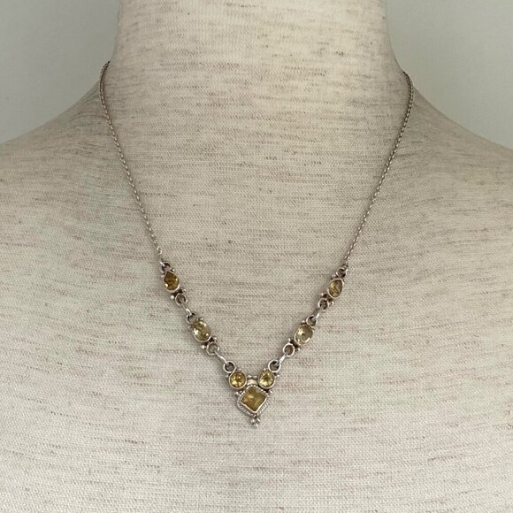 Sterling Silver 925 Multi Gemstone Citrine Collar V Necklace Cable Chain 17" - Picture 1 of 16